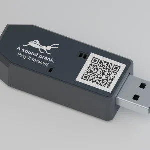 Cricket USB-A sound prank device with a charcoal enclosure, cricket label, LED windows and an instructions QR code